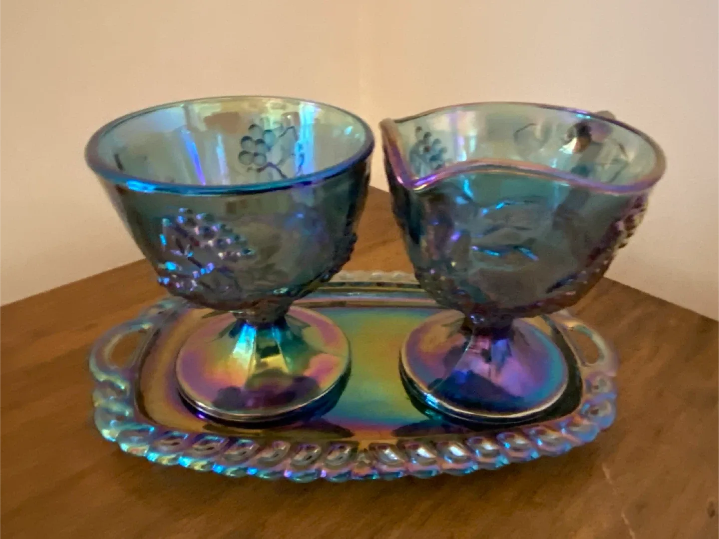 Harvest Grape Blue Carnival Glass Cream and Sugar Set image indicator(4)