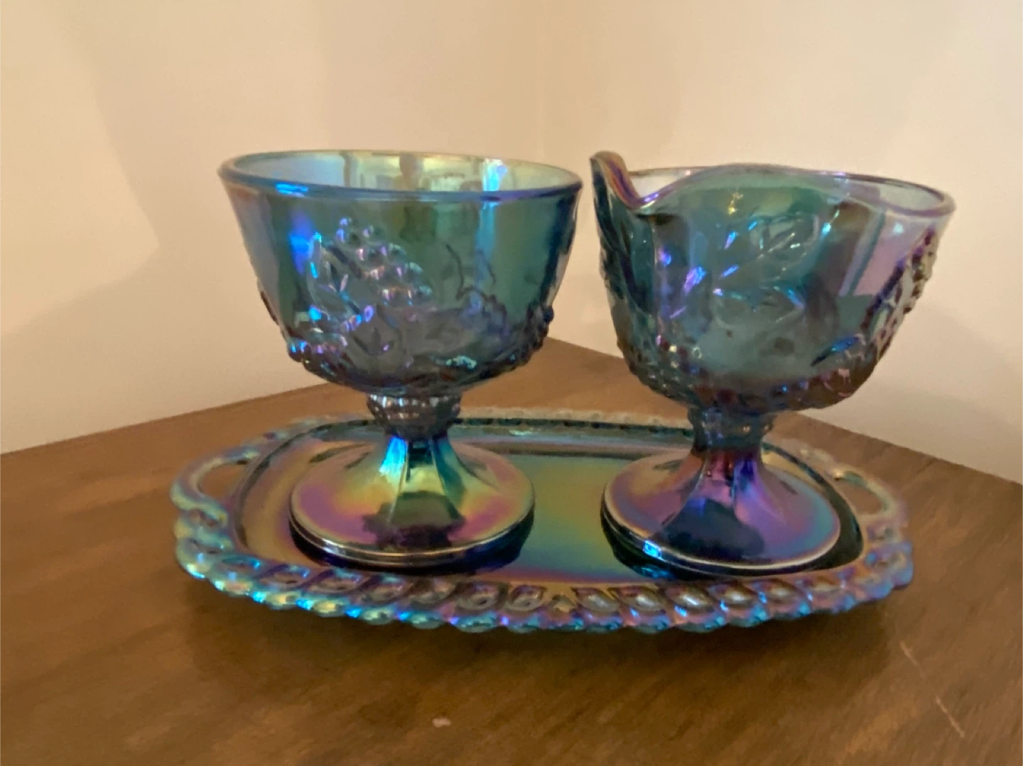 Harvest Grape Blue Carnival Glass Cream and Sugar Set - photo 2