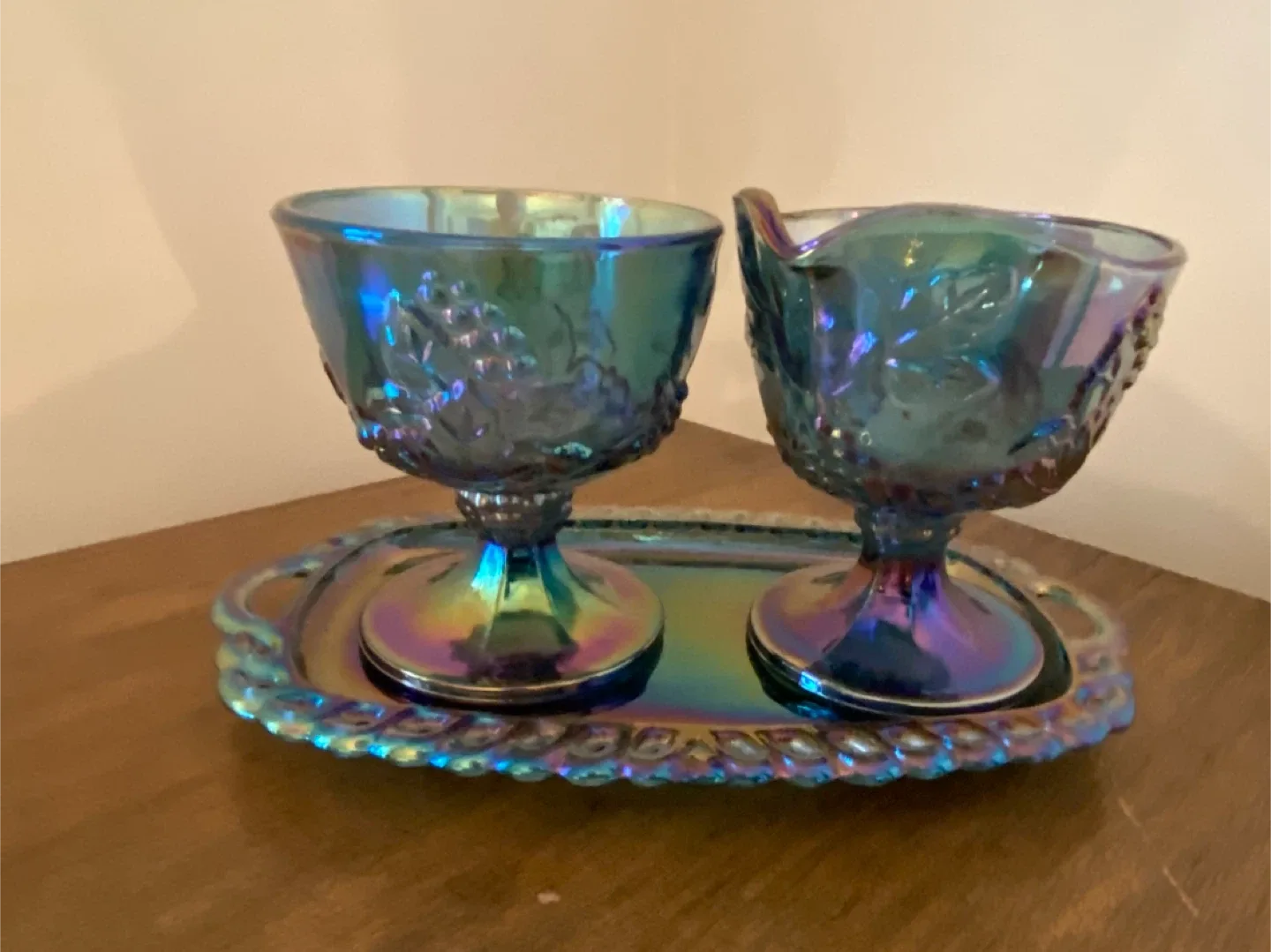 Harvest Grape Blue Carnival Glass Cream and Sugar Set image indicator(2)