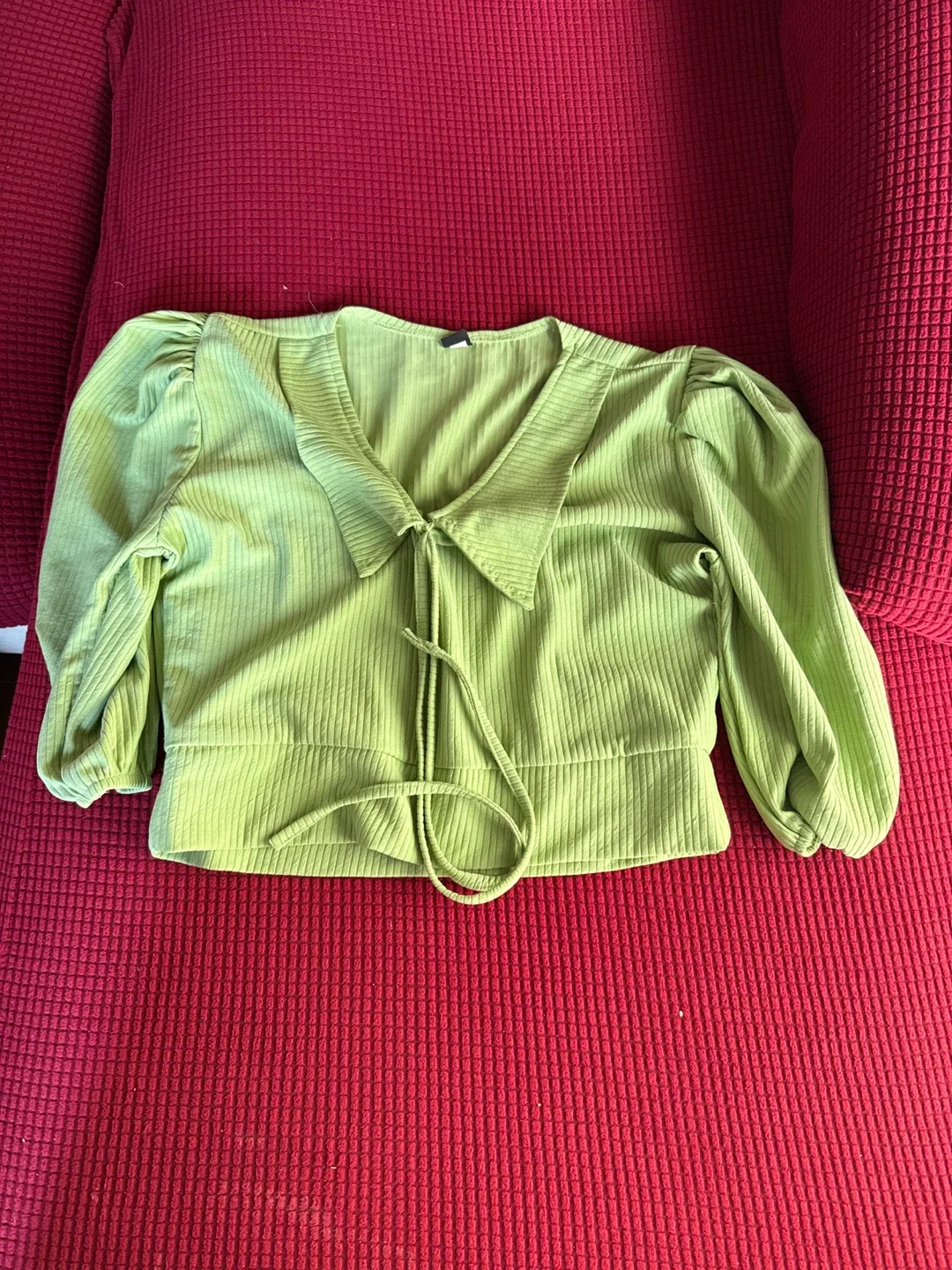 Green Corduroy Tie-Front Top