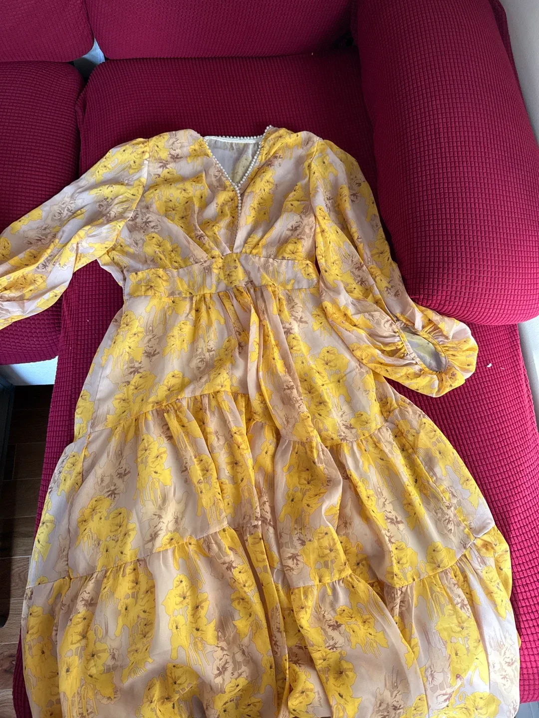 Yellow Floral Print Tiered Maxi Dress