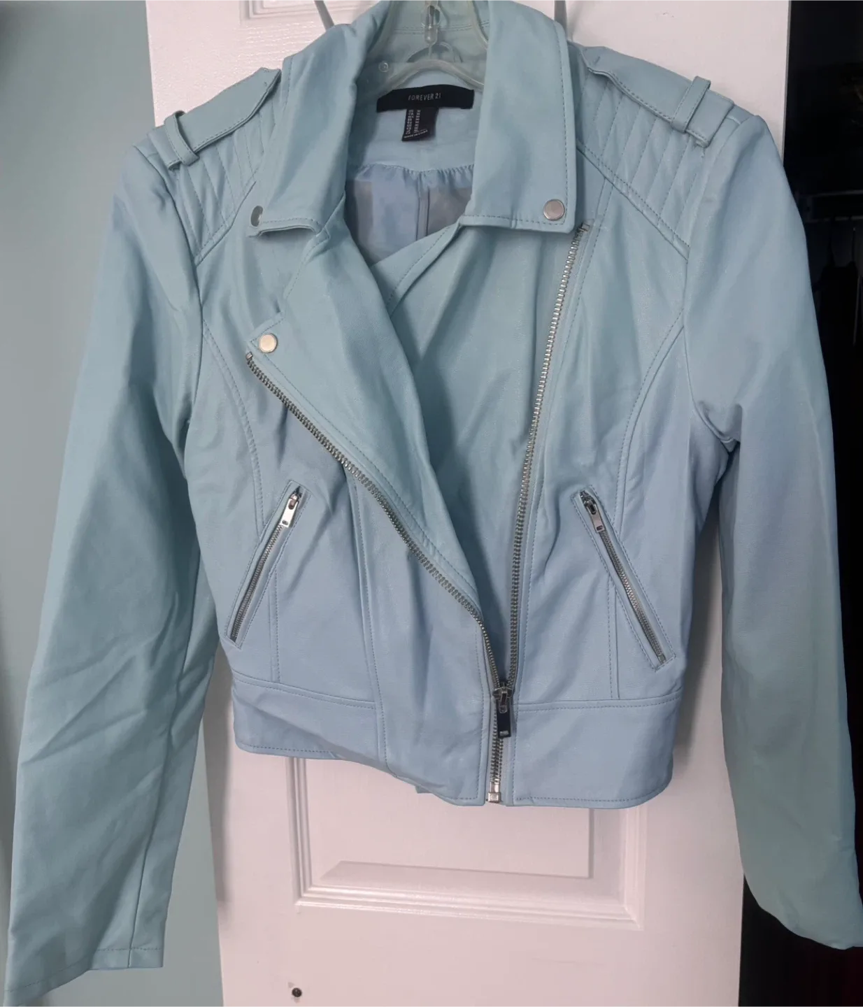 Light Blue Moto Faux Leather Jacket image indicator(2)