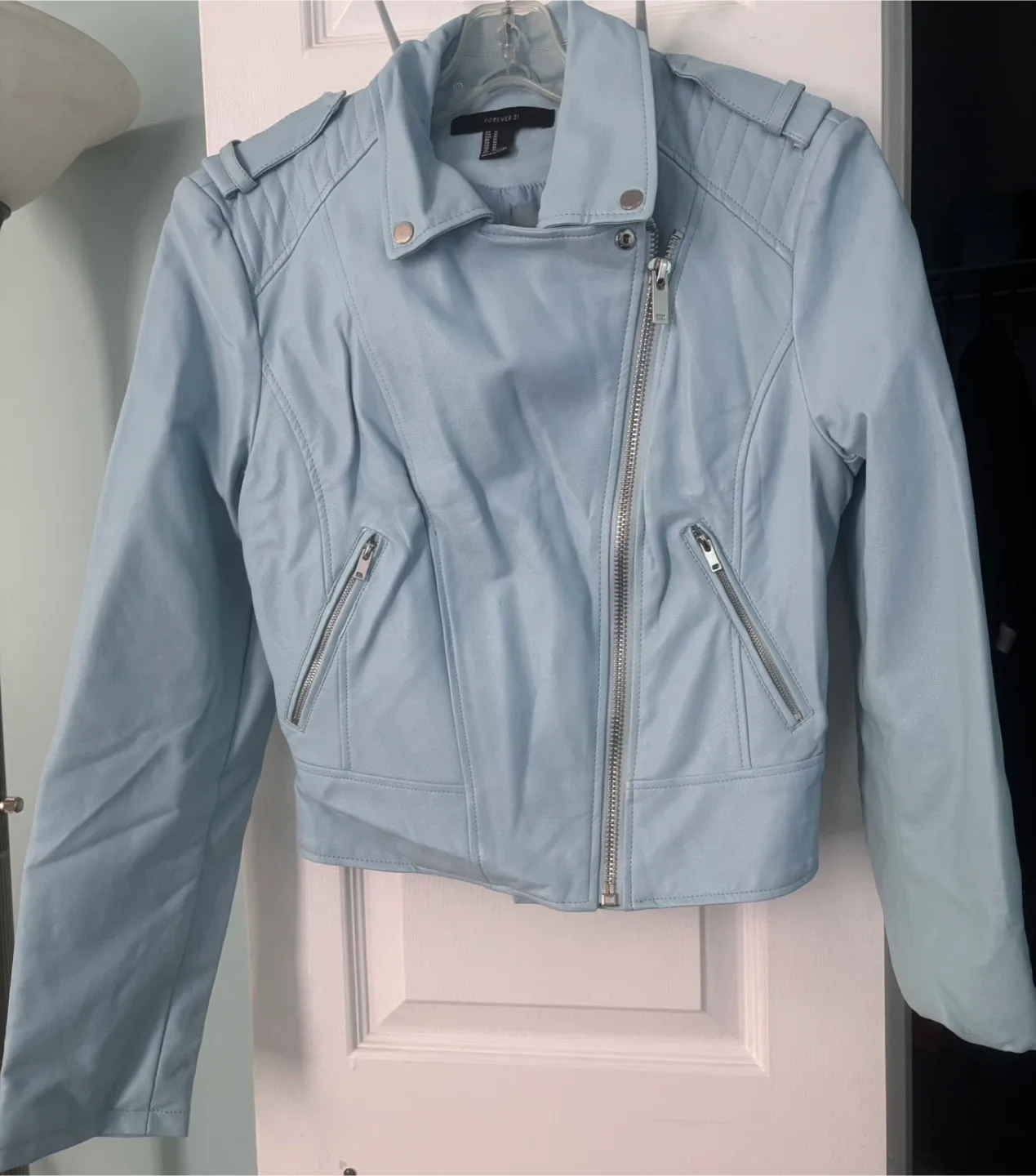 Light Blue Moto Faux Leather Jacket