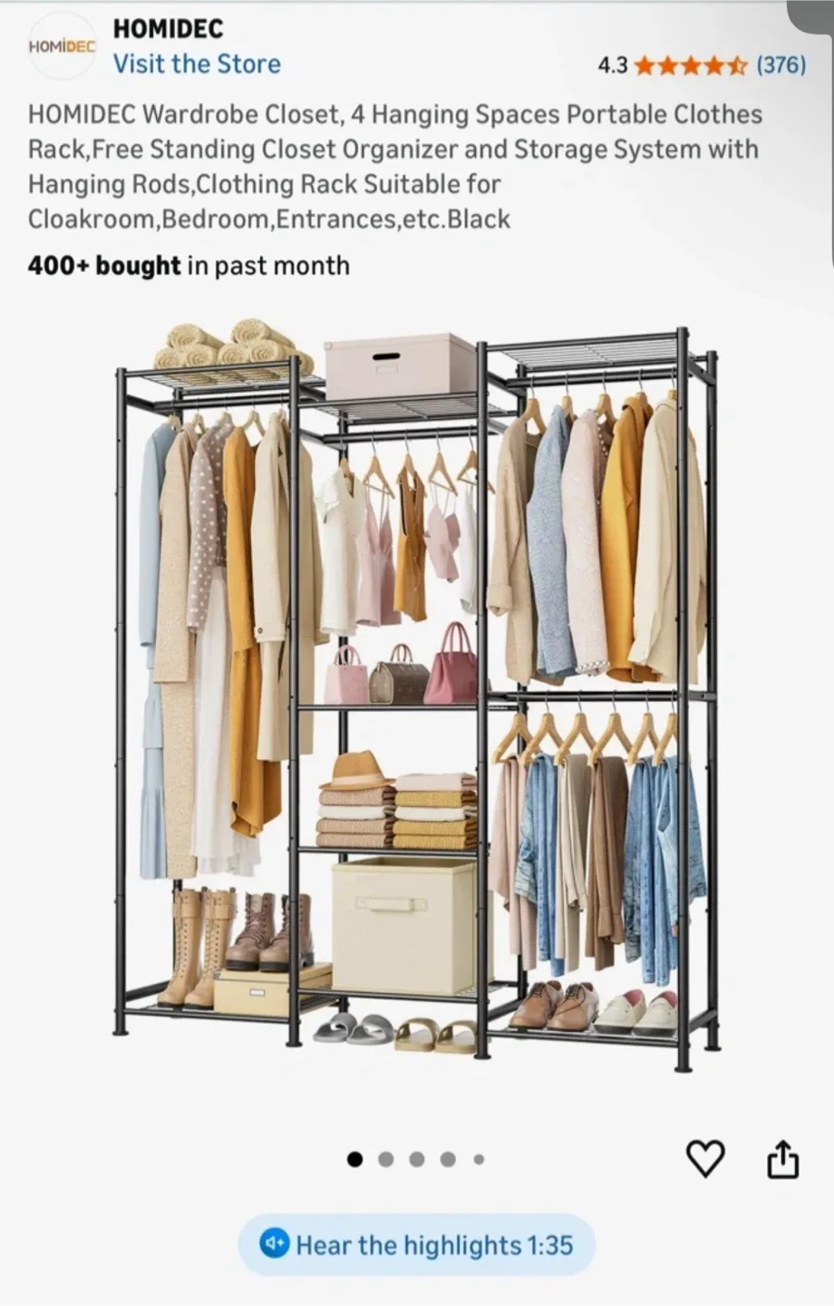 HOMIDEC Wardrobe Closet with 4 Hanging Spaces