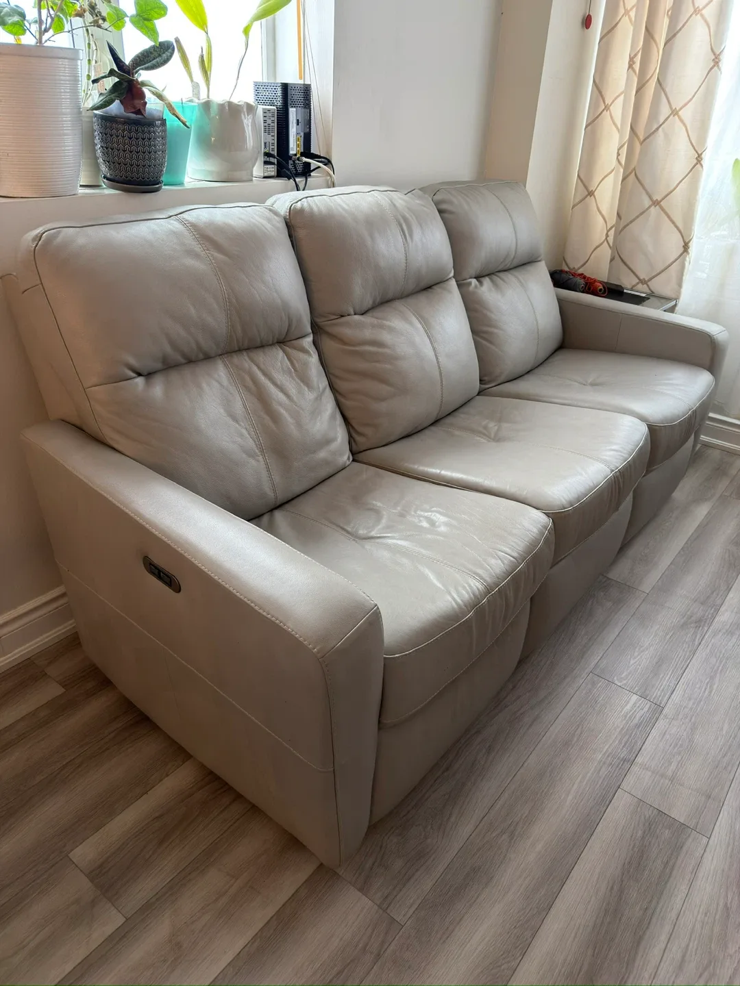 Leather Reclining Sofa - Light grey