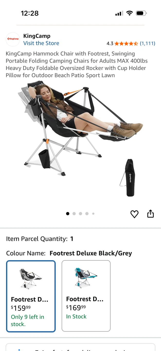 Hammock Chair with Footrest - Black/Grey