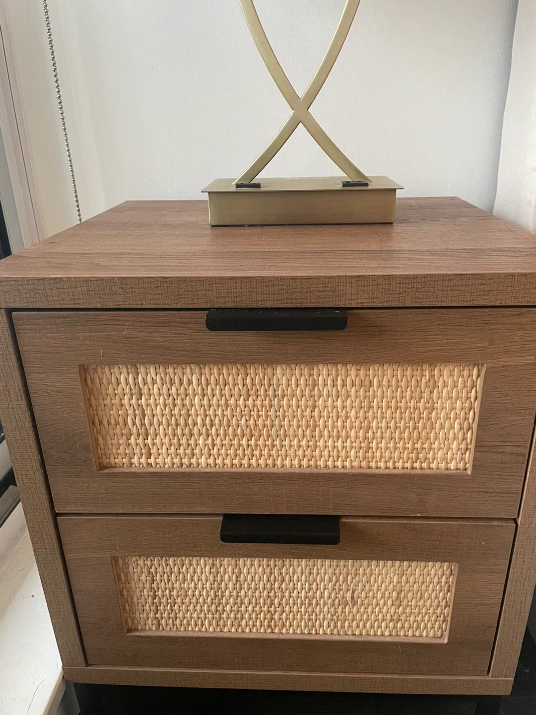 Wood Nightstand with Rattan Drawers