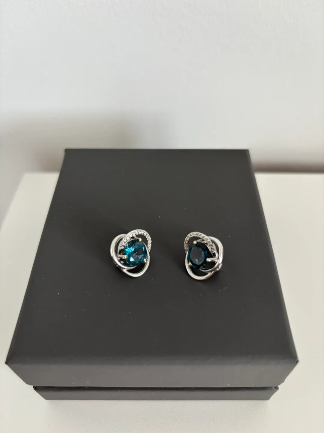 Solid 14K White Gold Earrings with London Topaz & Cubic Zirconia