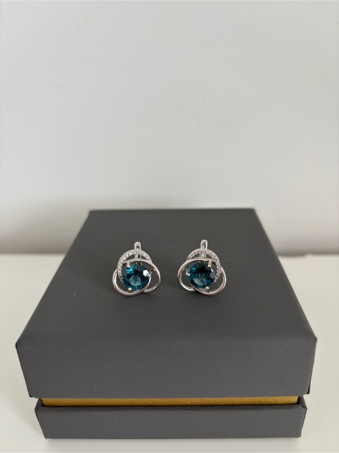 Solid 14K White Gold Earrings with London Topaz & Cubic Zirconia - photo 5