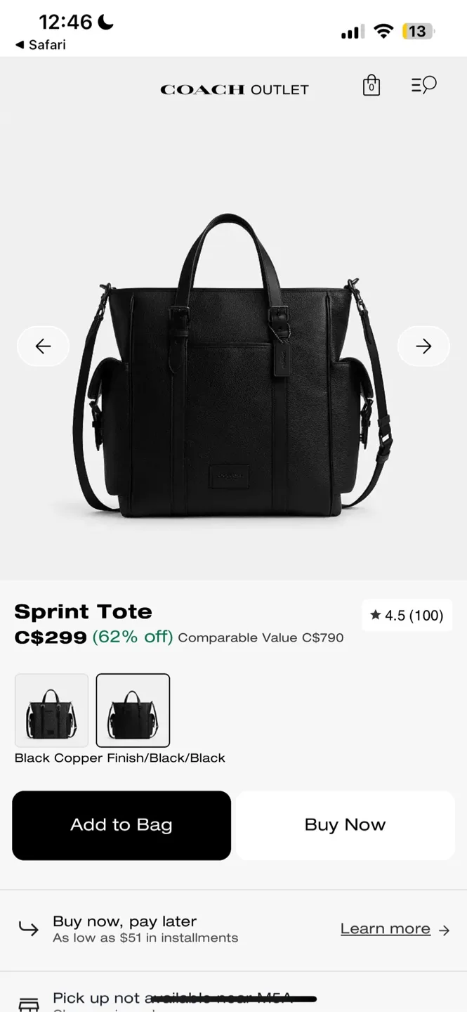 Coach Sprint Tote in Black Copper Finish (Unisex)