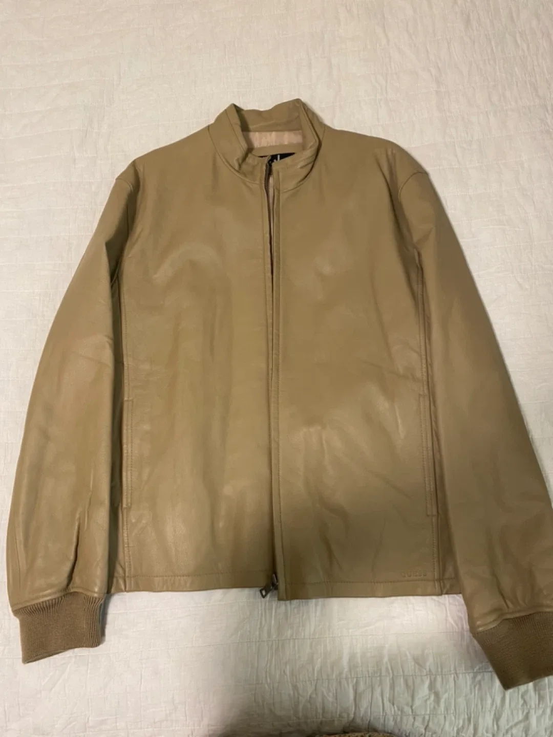 Guess Jeans Leather Bomber Jacket - Beige