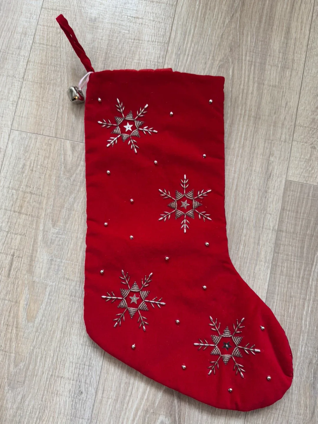 Red Christmas Stocking with Silver Snowflakes