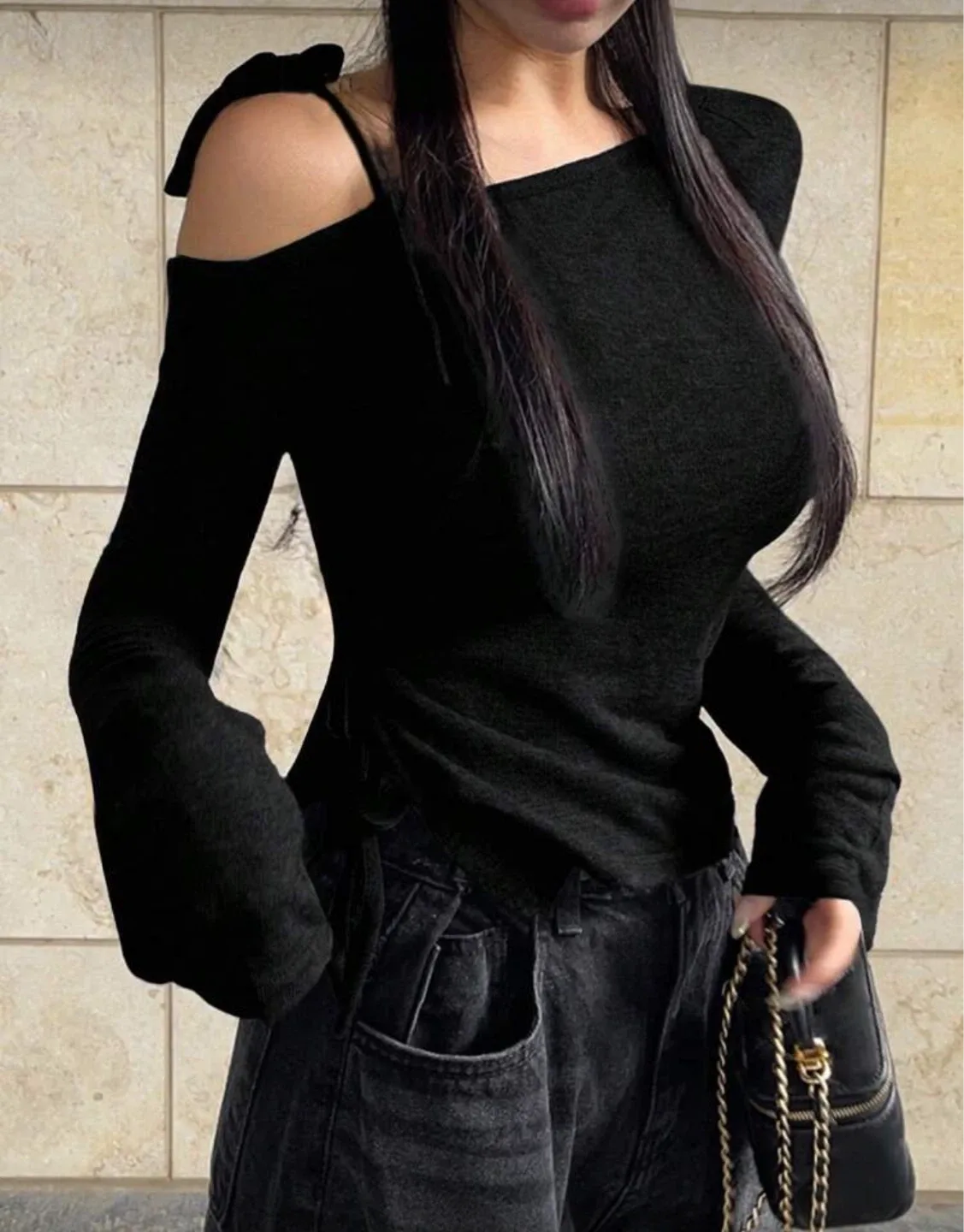 Black Off-Shoulder Long Sleeve Top