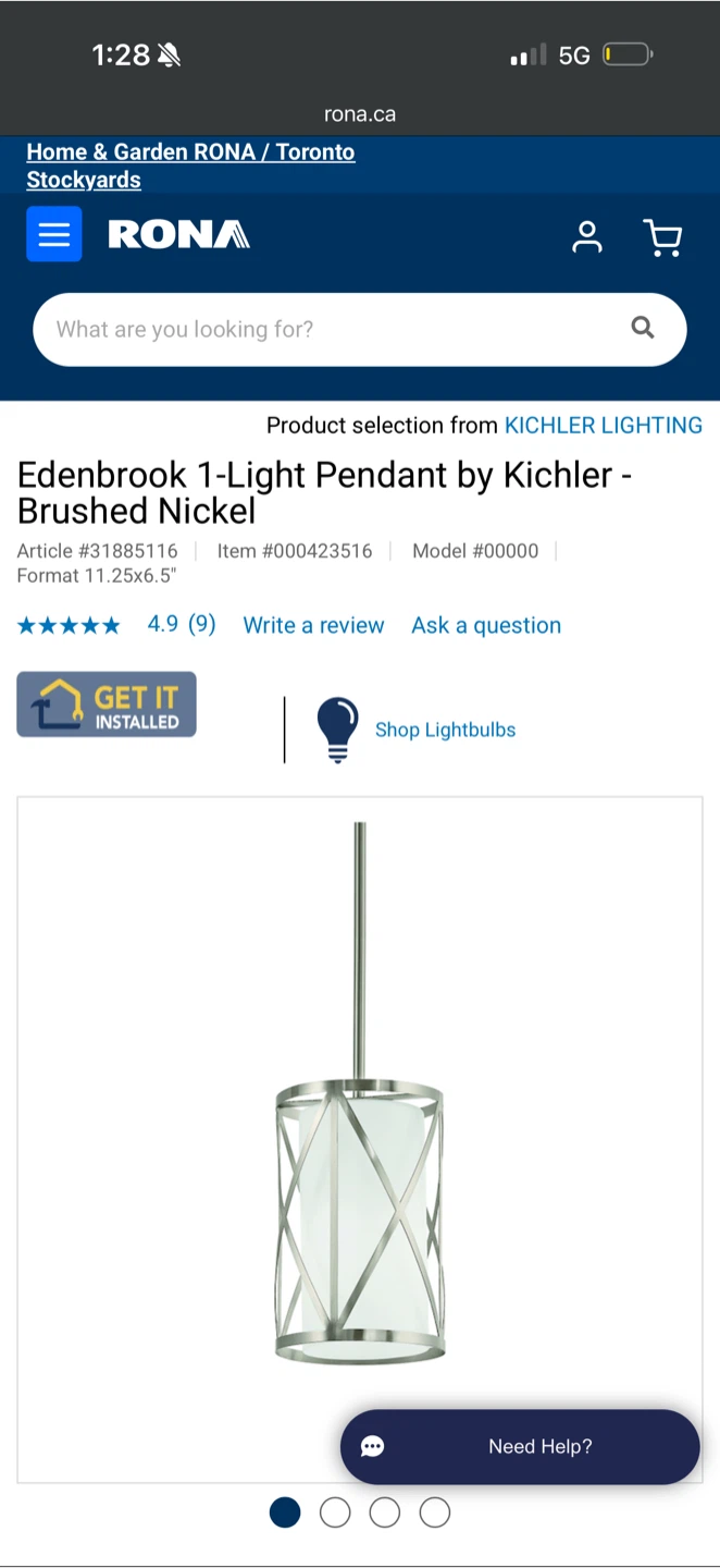 BNIB Kichler Edenbrook 1-Light Pendant - Brushed Nickel - photo 2