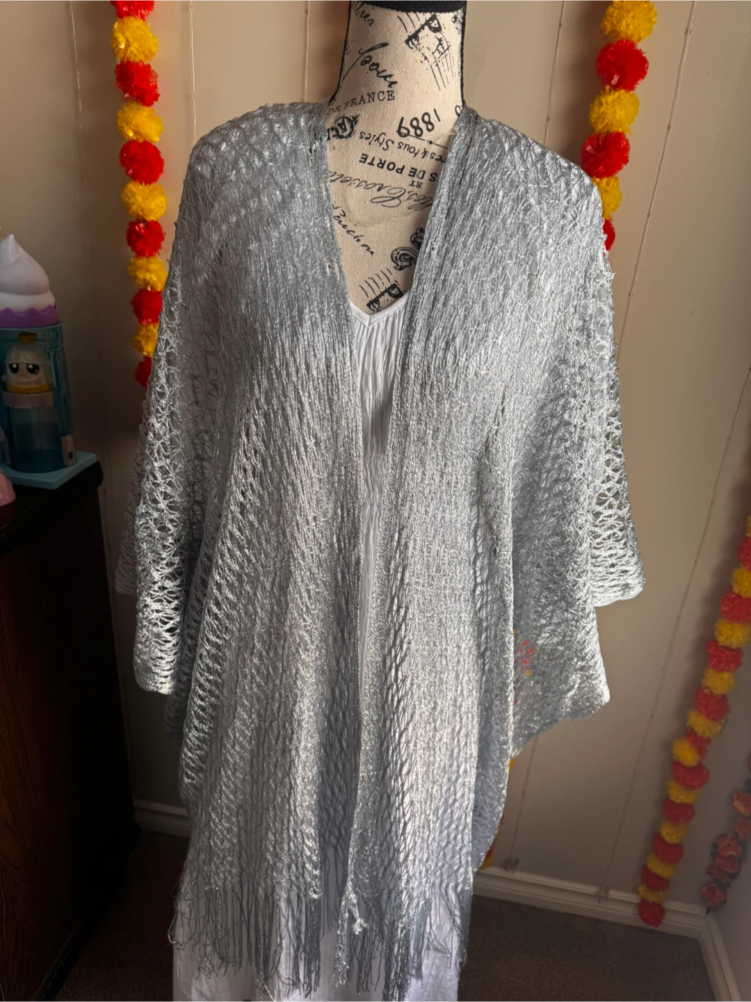 Silver Crochet Fringe Shawl