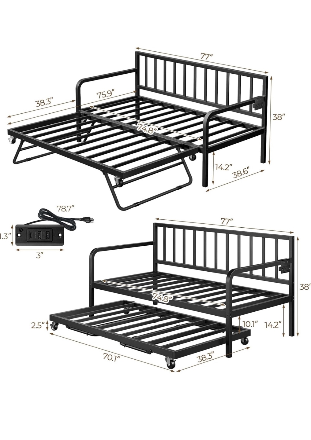 Black Metal Daybed Frame with Trundle & USB Ports - photo 2