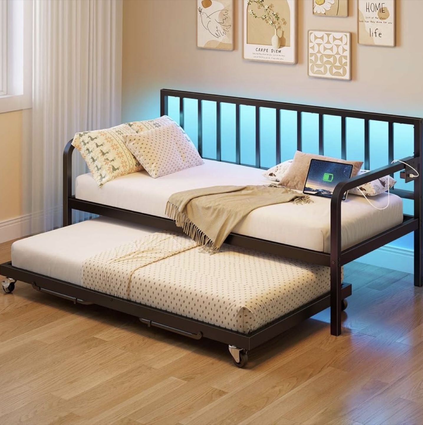 Black Metal Daybed Frame with Trundle & USB Ports
