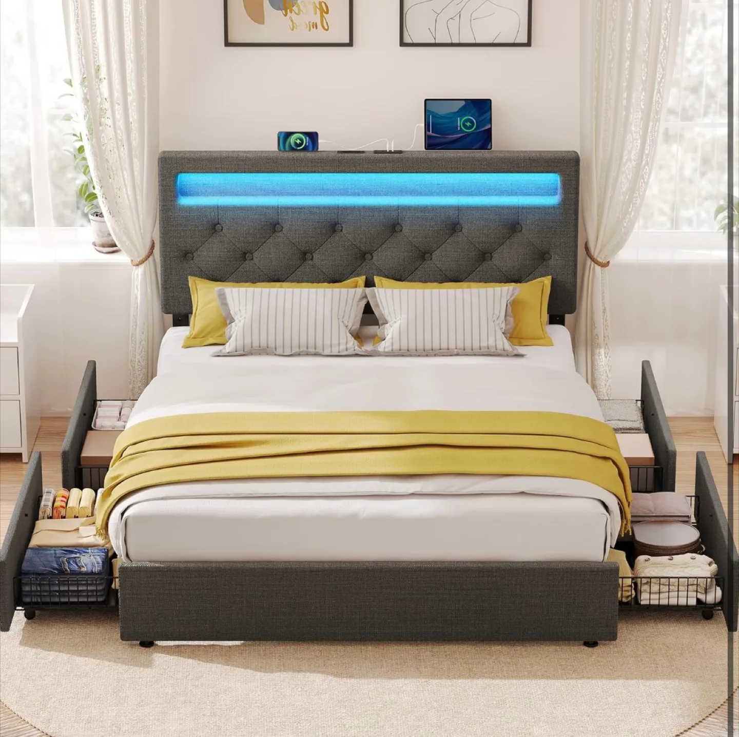 Queen Size Bed Frame with LED Light & Storage Drawers