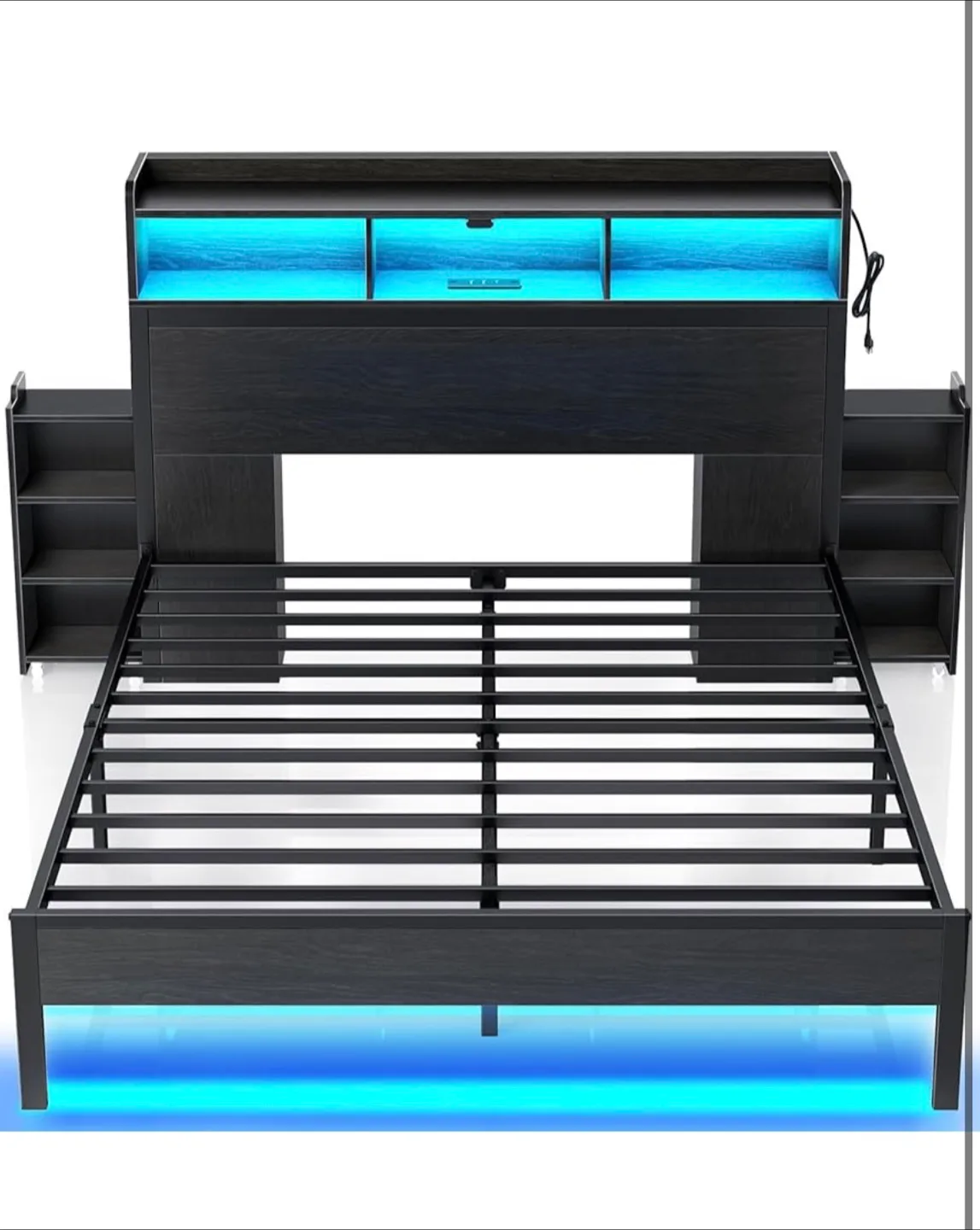 Queen Size Bed Frame with LED Lights & Storage