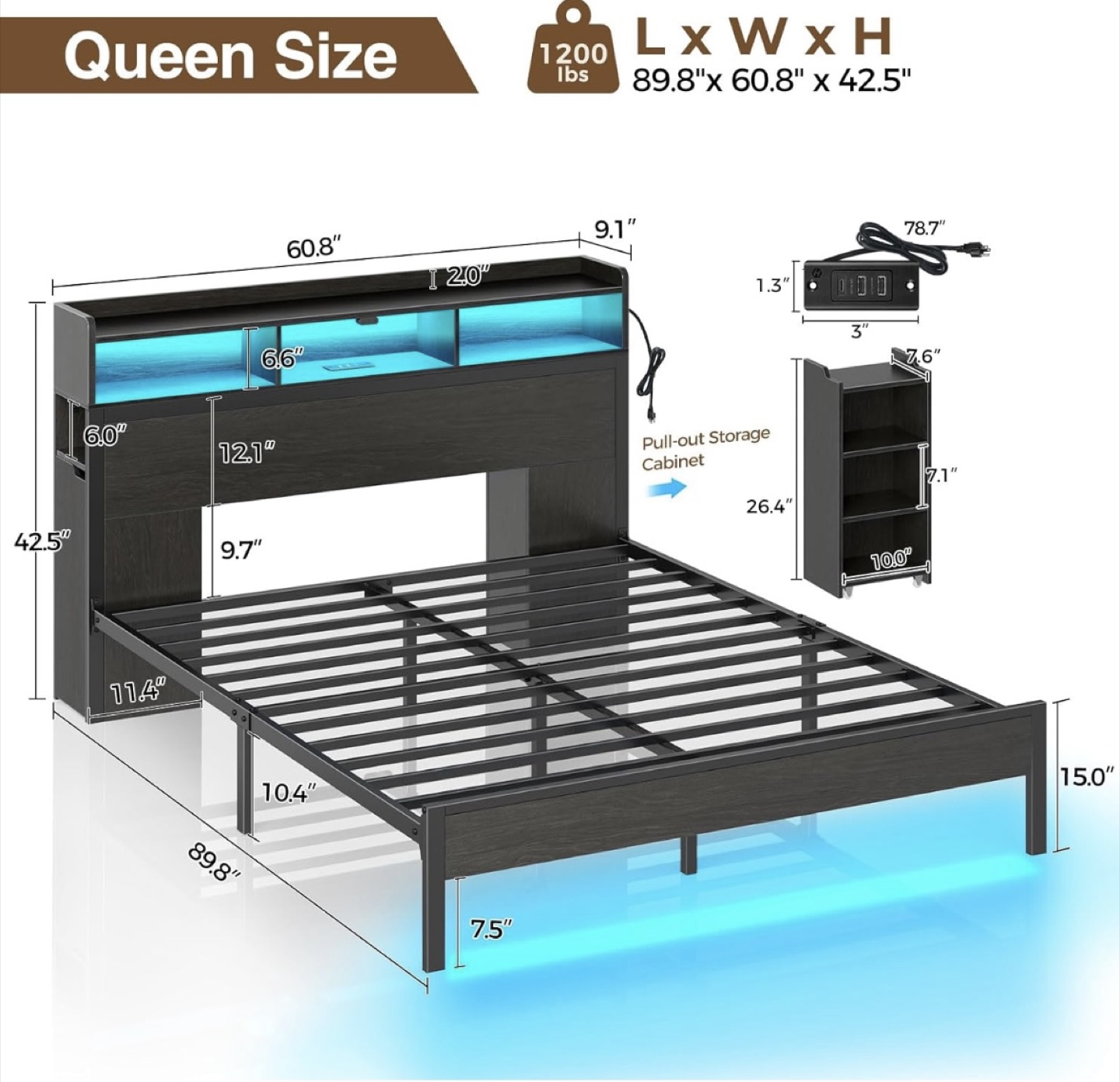 Queen Size Bed Frame with LED Lights & Storage - photo 3