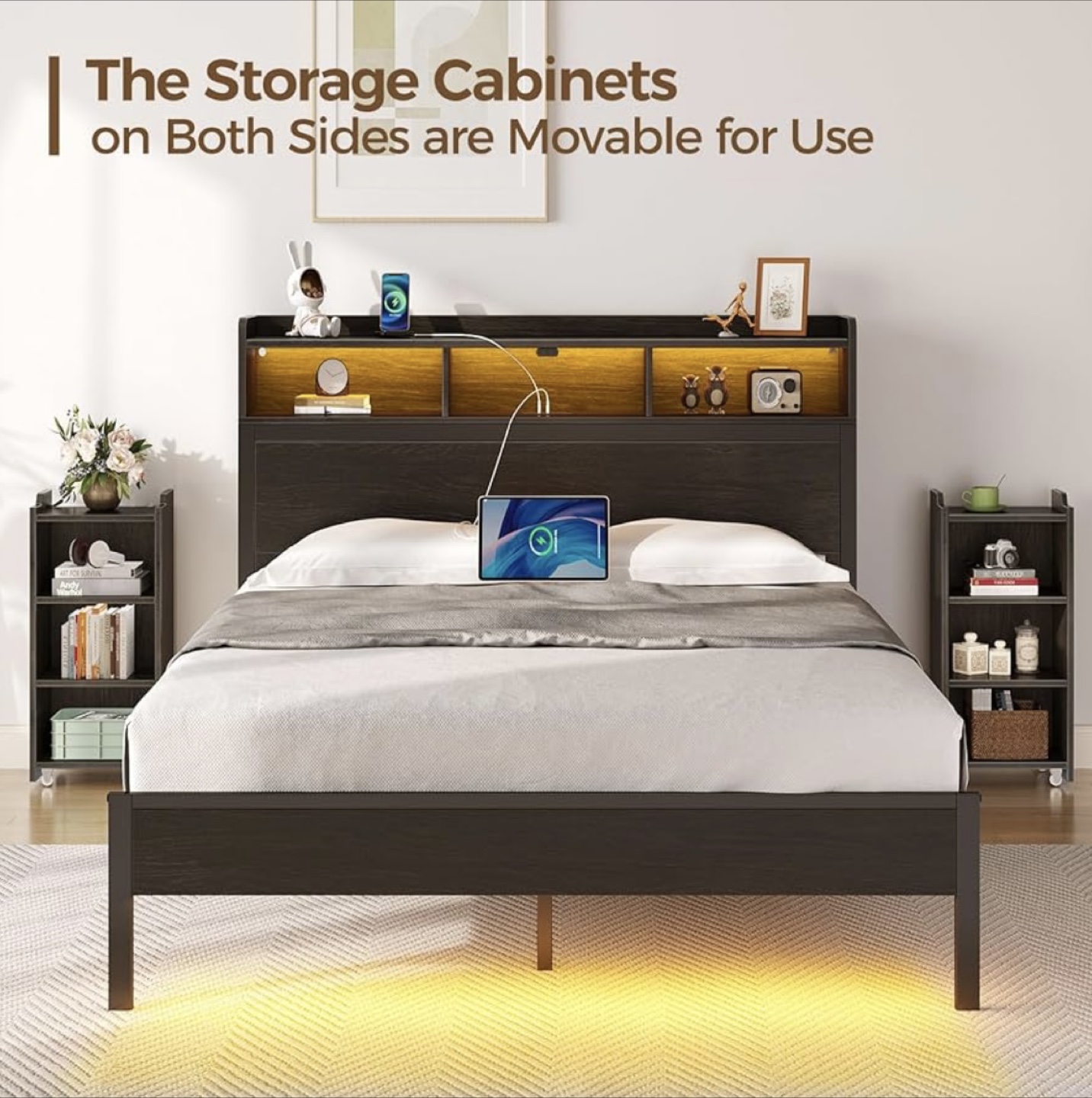 Queen Size Bed Frame with LED Lights & Storage - photo 4