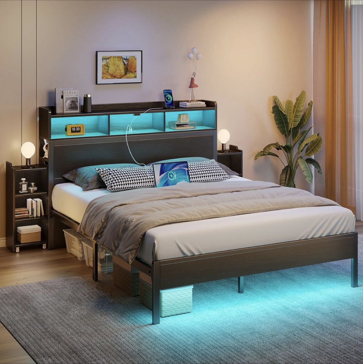 Queen Size Bed Frame with LED Lights & Storage - photo 2