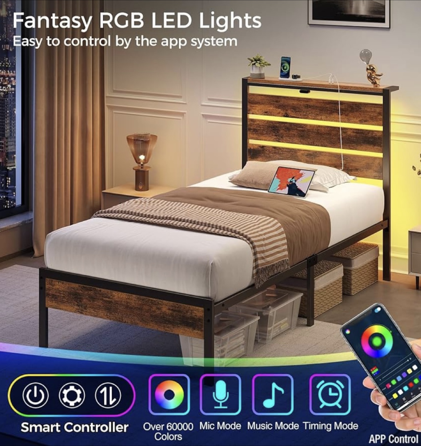 Twin Size Bed Frame with Storage Headboard & LED Lights - photo 3