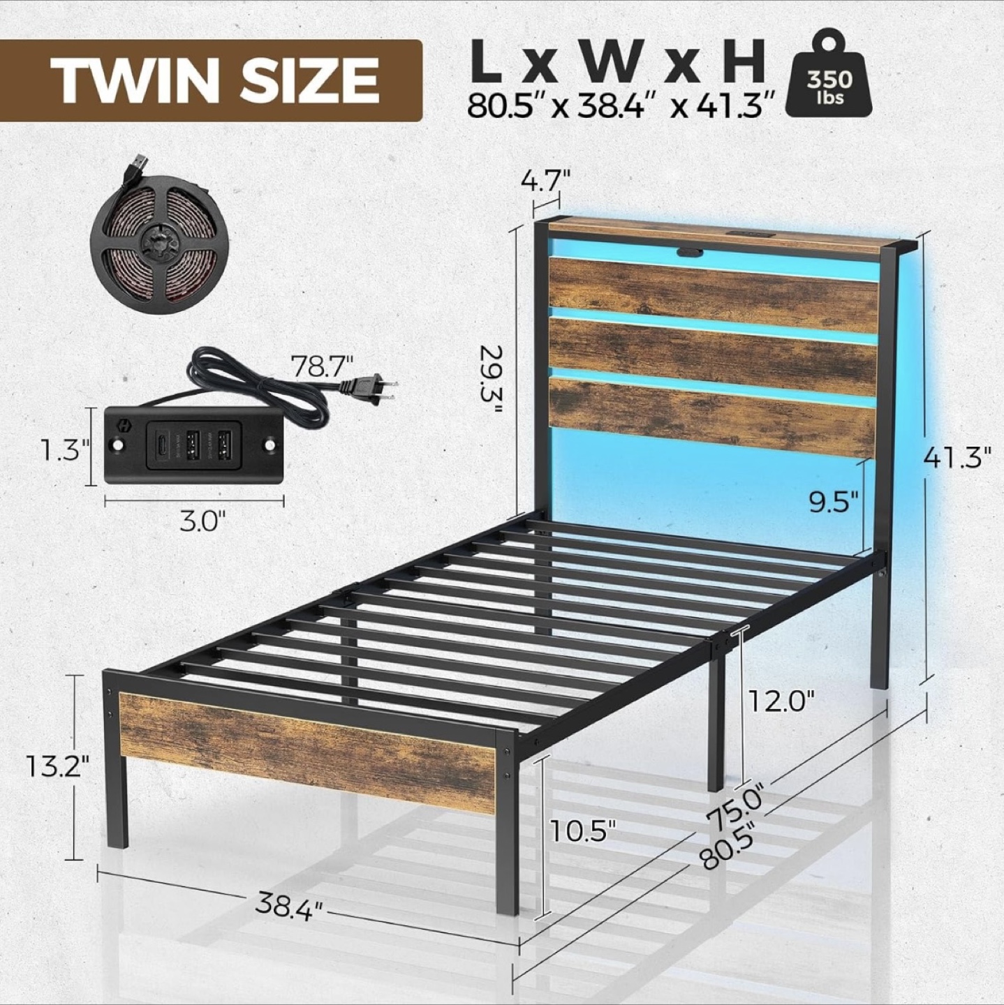 Twin Size Bed Frame with Storage Headboard & LED Lights - photo 2