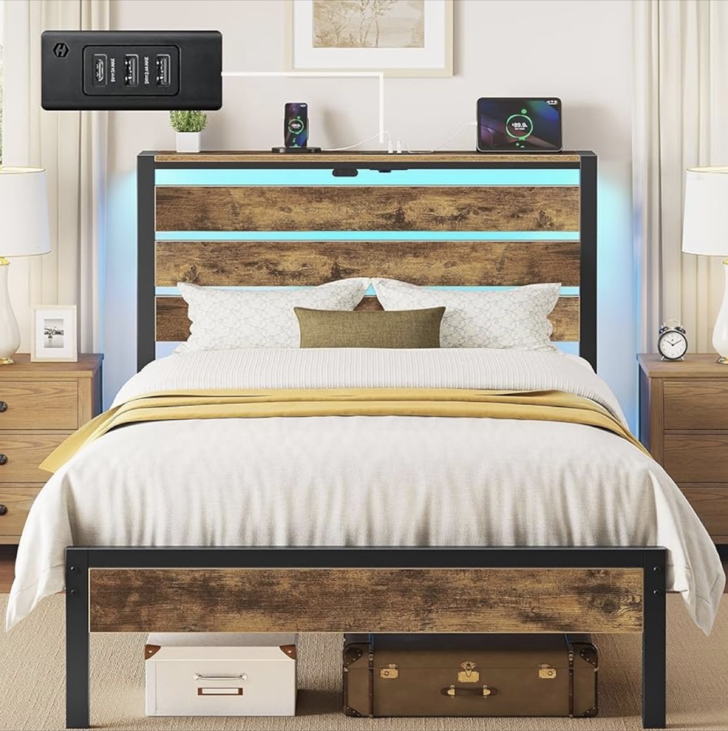 Twin Size Bed Frame with Storage Headboard & LED Lights