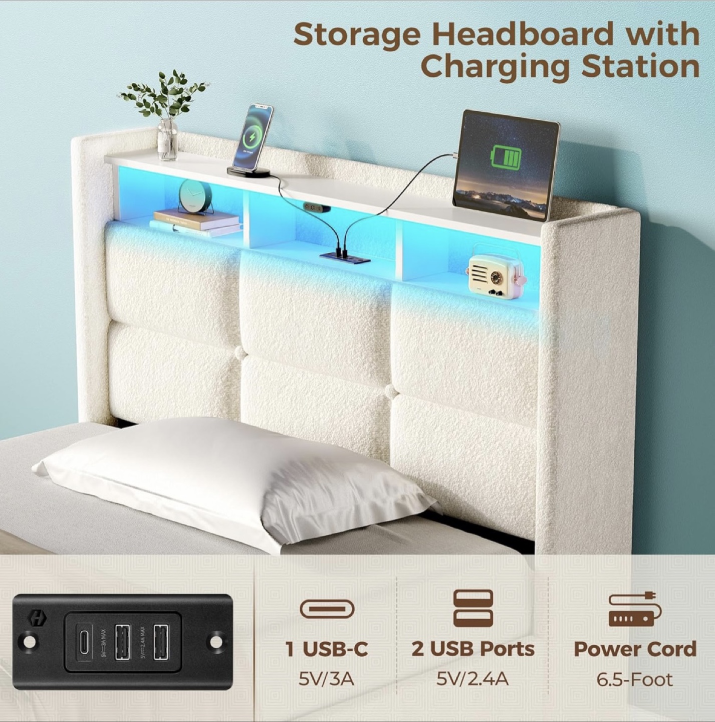 Twin Size Bed Frame with RGB LED & Storage - photo 3