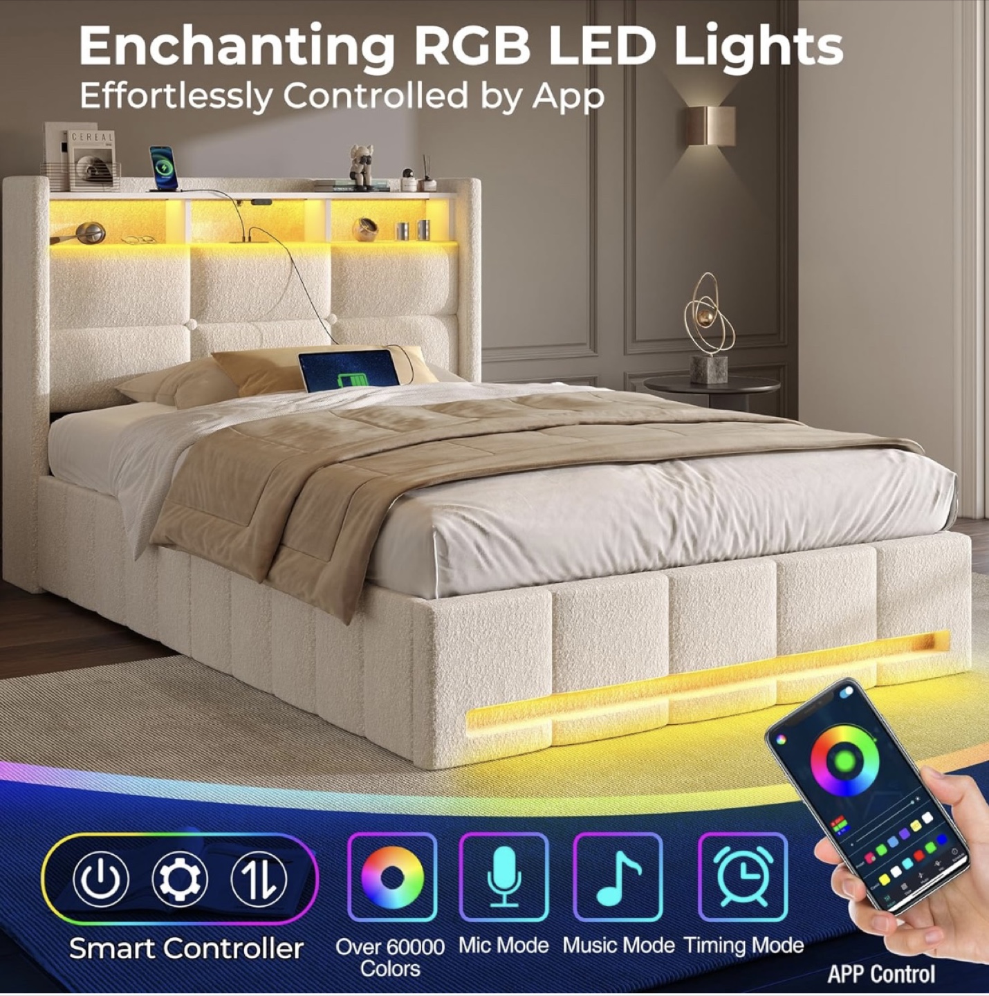 Twin Size Bed Frame with RGB LED & Storage - photo 4