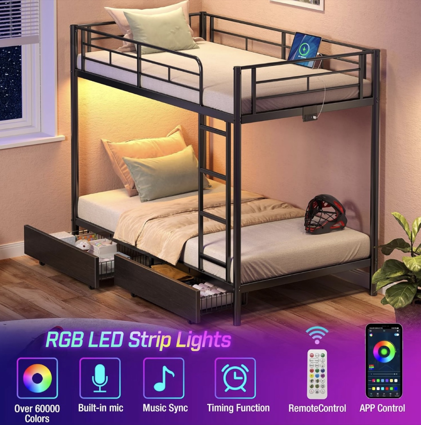 Metal Bunk Bed Frame with RGB LED Strip Lights - photo 3