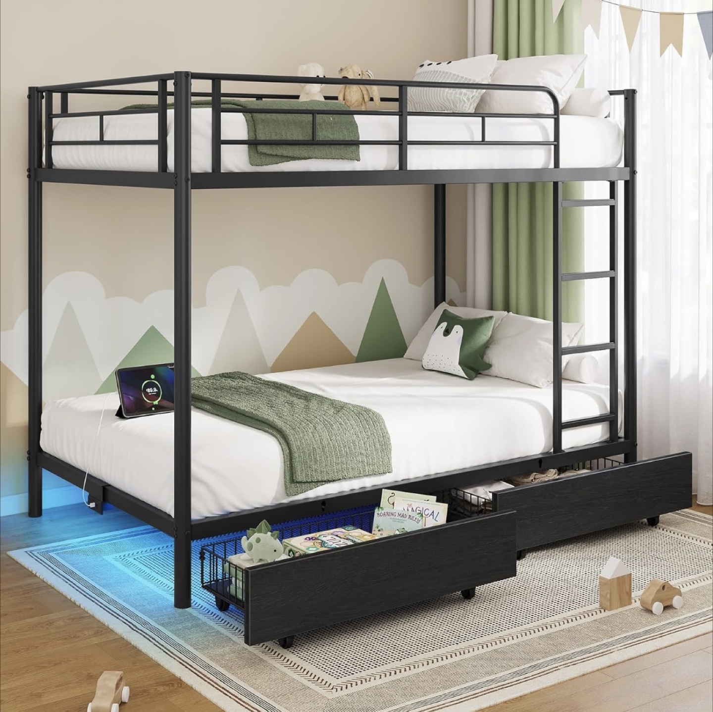Metal Bunk Bed Frame with RGB LED Strip Lights