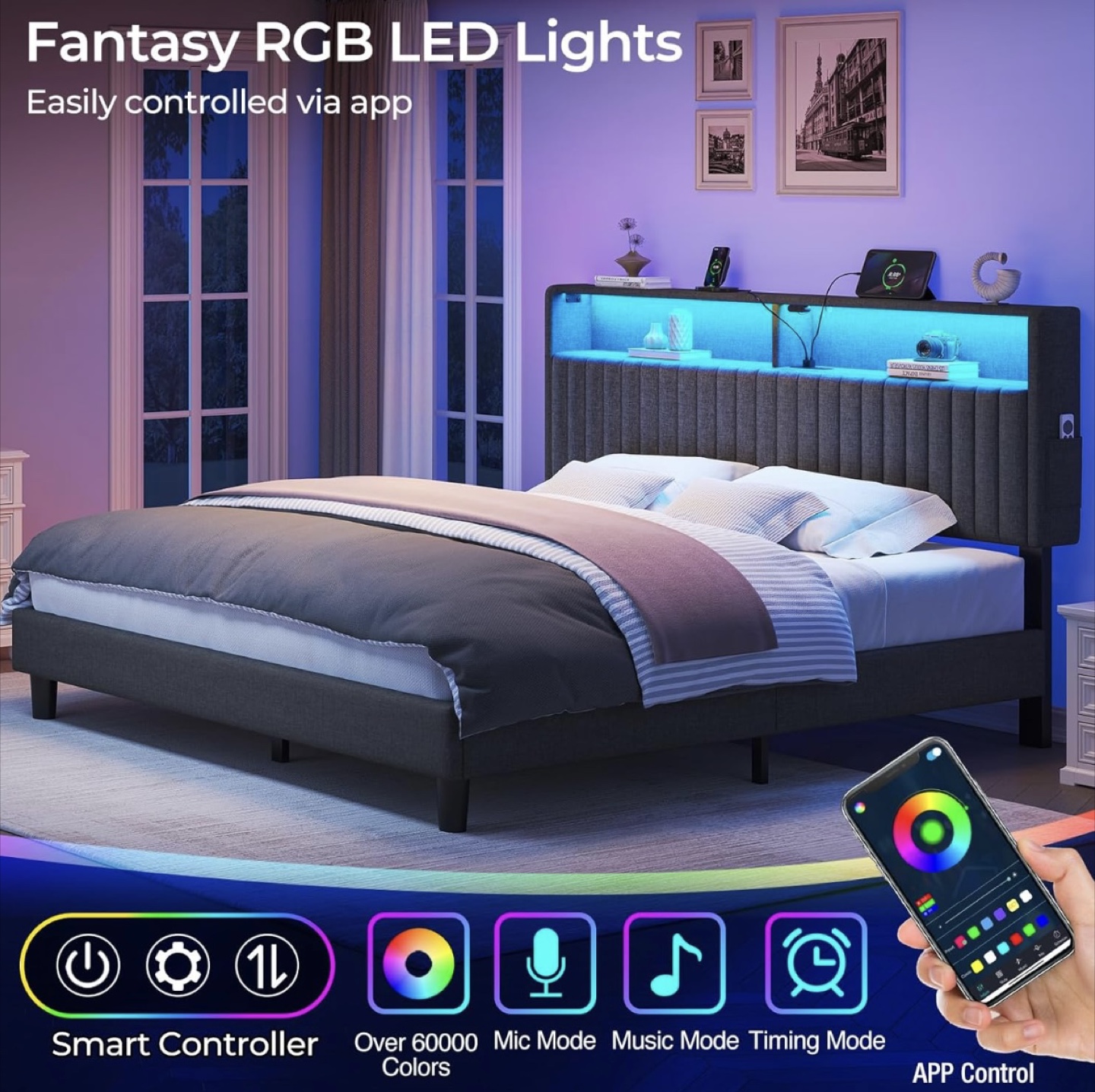 Queen Size Bed Frame with LED Headboard - photo 3