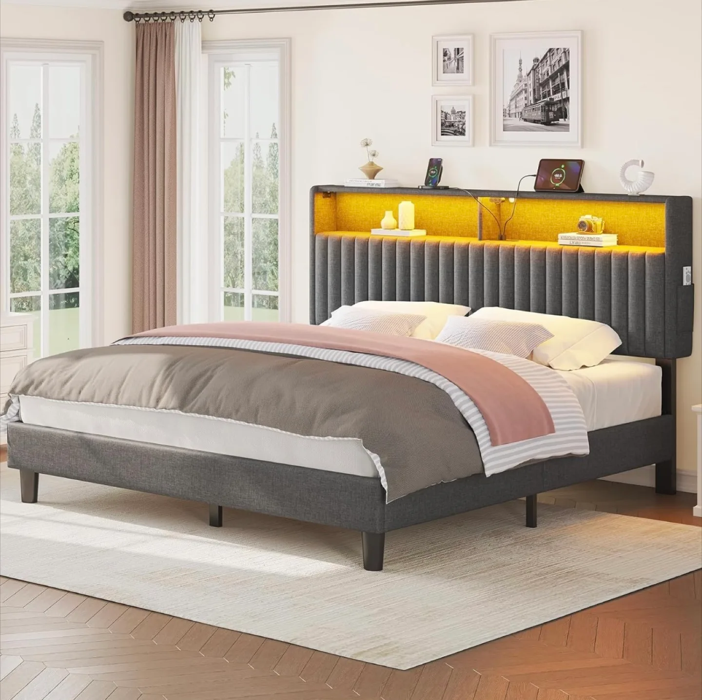 Queen Size Bed Frame with LED Headboard
