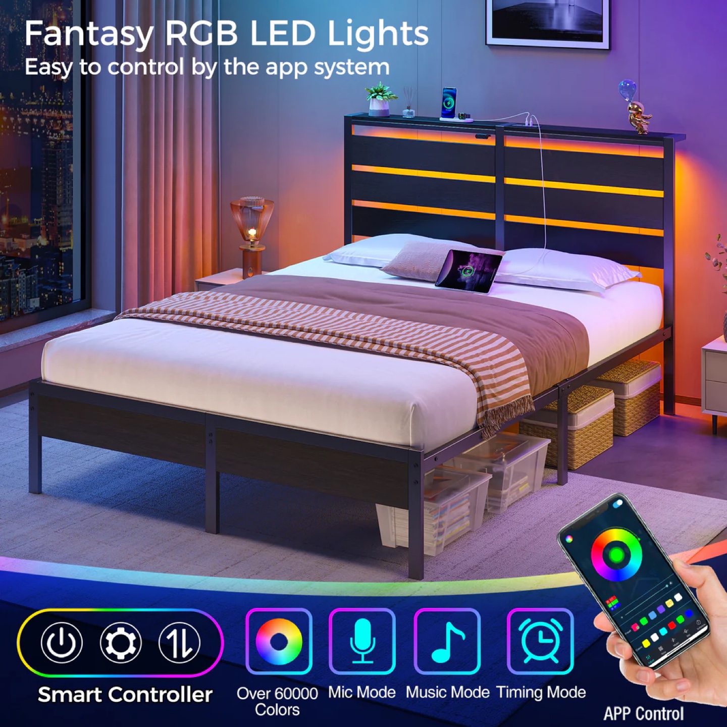 Queen Size Bed Frame with LED Headboard - photo 3