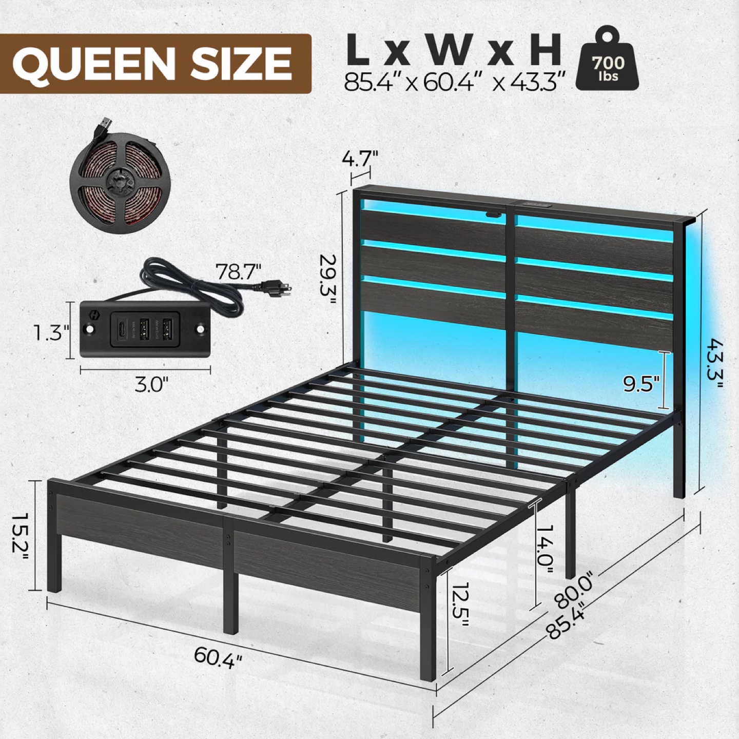 Queen Size Bed Frame with LED Headboard - photo 2