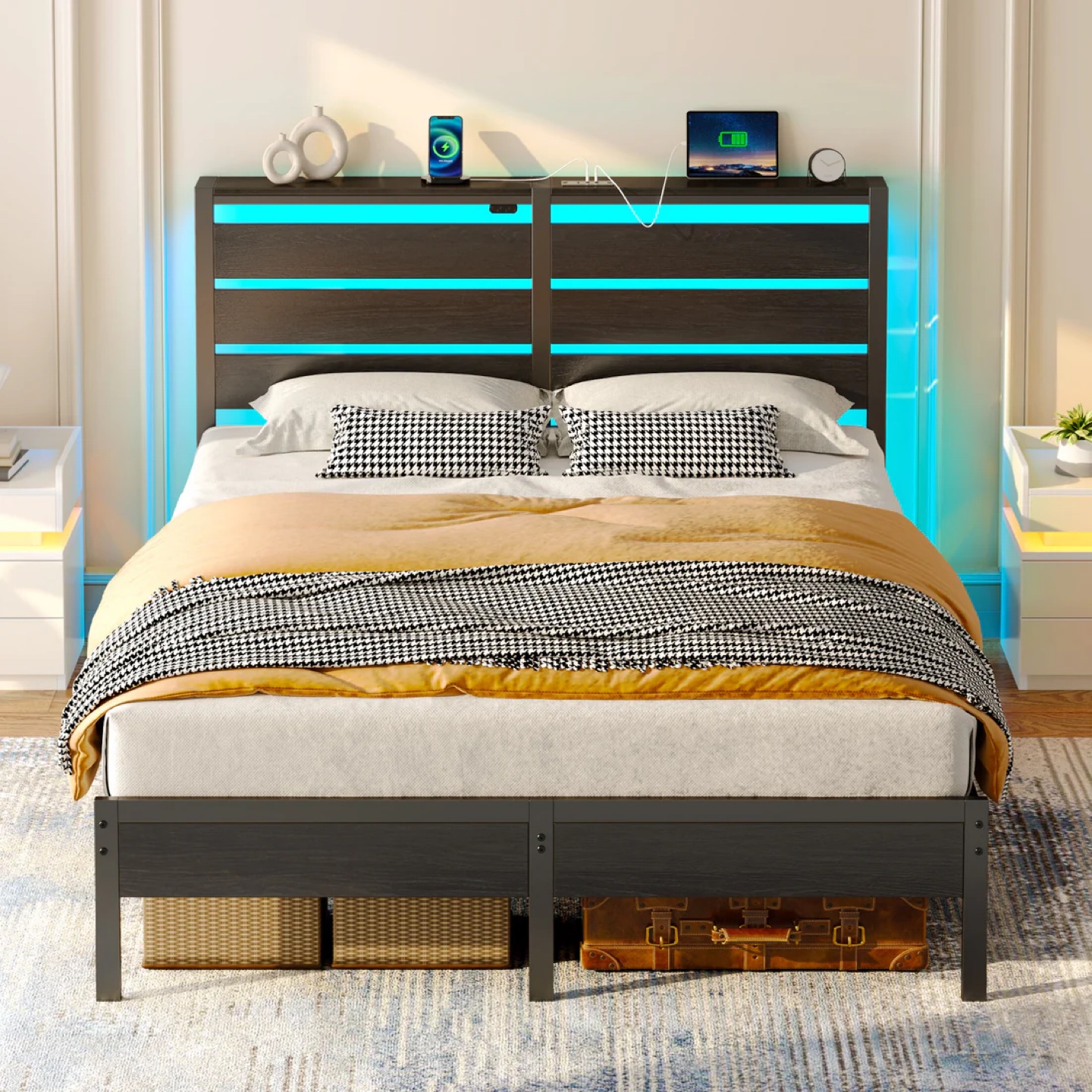 Queen Size Bed Frame with LED Headboard