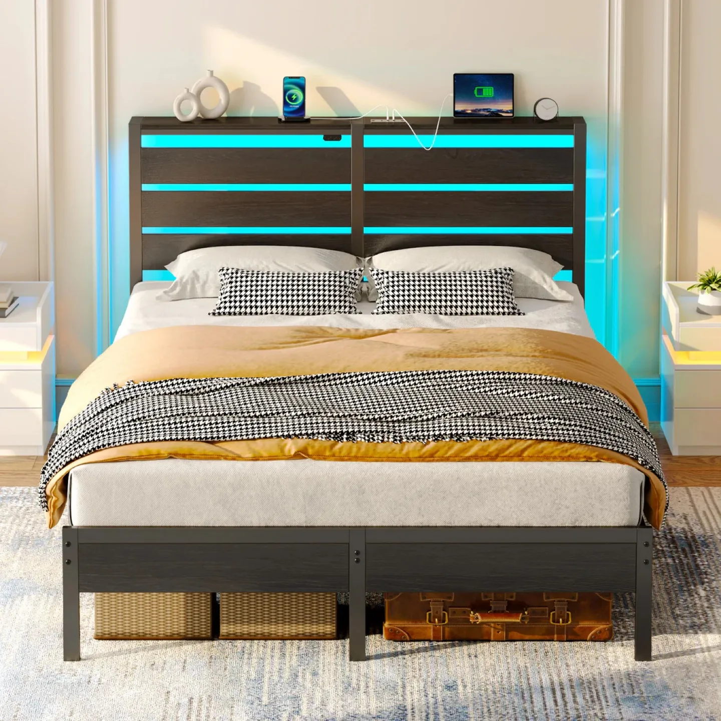 Queen Size Bed Frame with LED Headboard