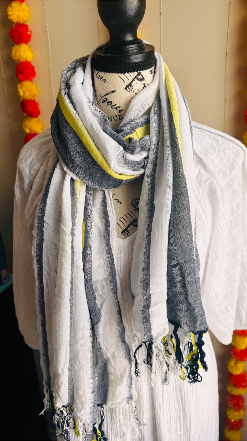 Striped Scarf - White, Grey, and Yellow
