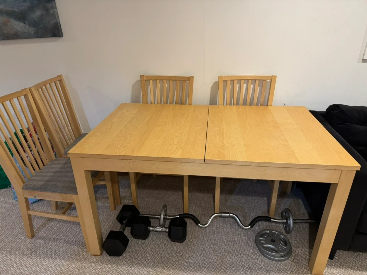 Wooden IKEA Dining Table with 4 Chairs and 2 extenders