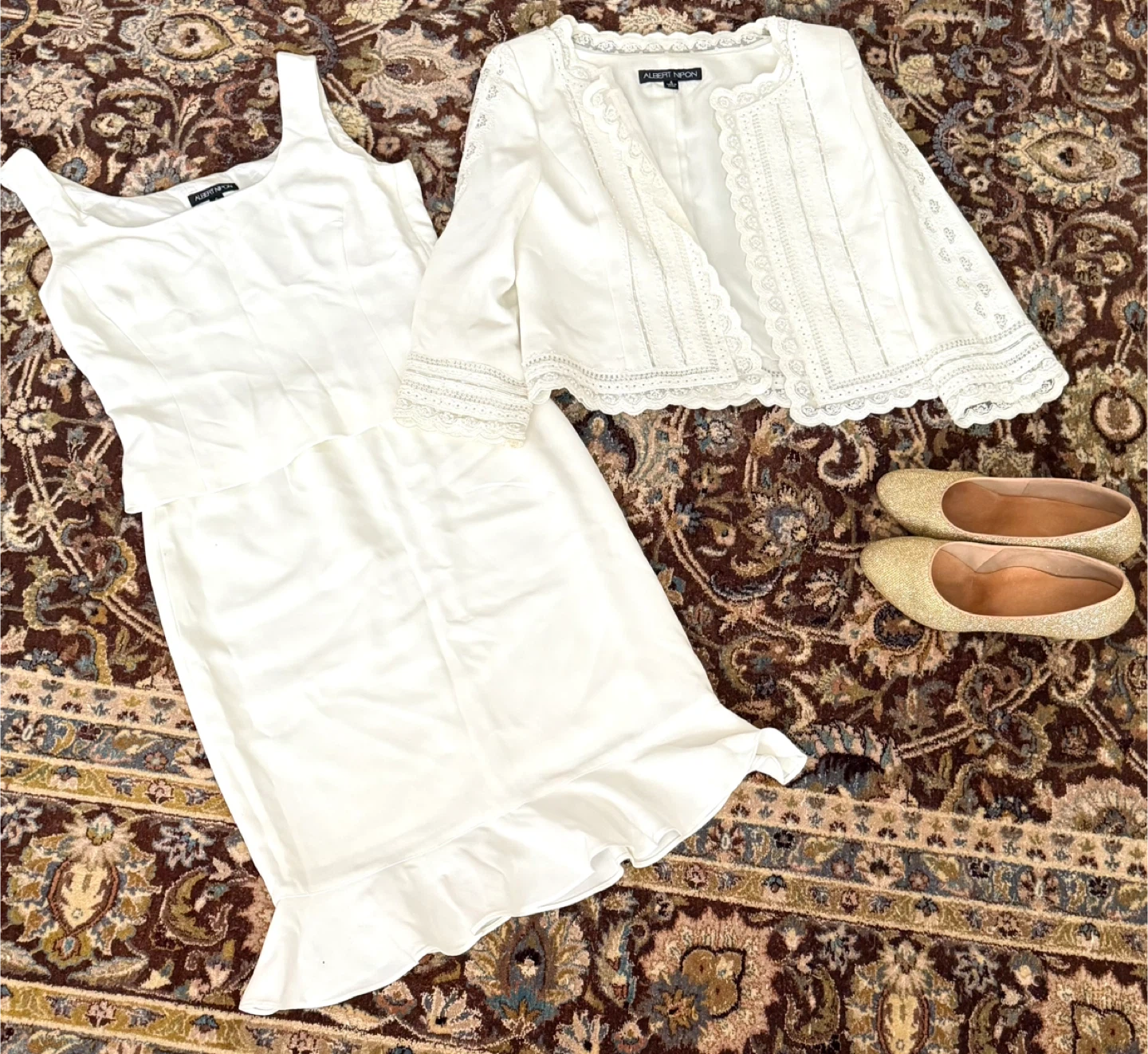Albert Nipon White Dress & Jacket Set - Size 6