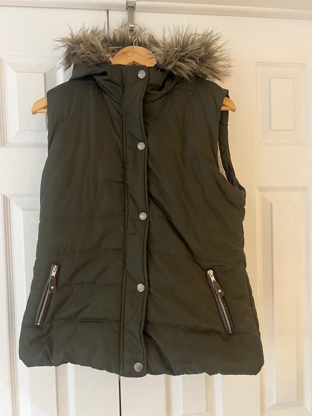 Olive Green Puffer Vest with Faux Fur Hood