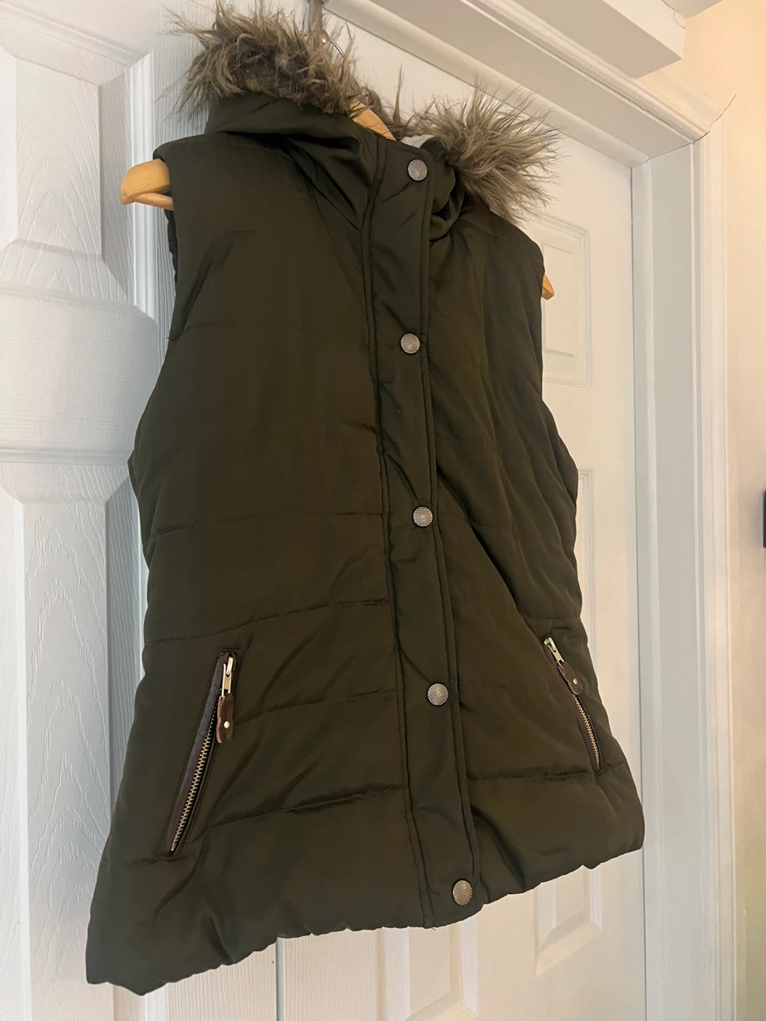 Olive Green Puffer Vest with Faux Fur Hood - photo 2