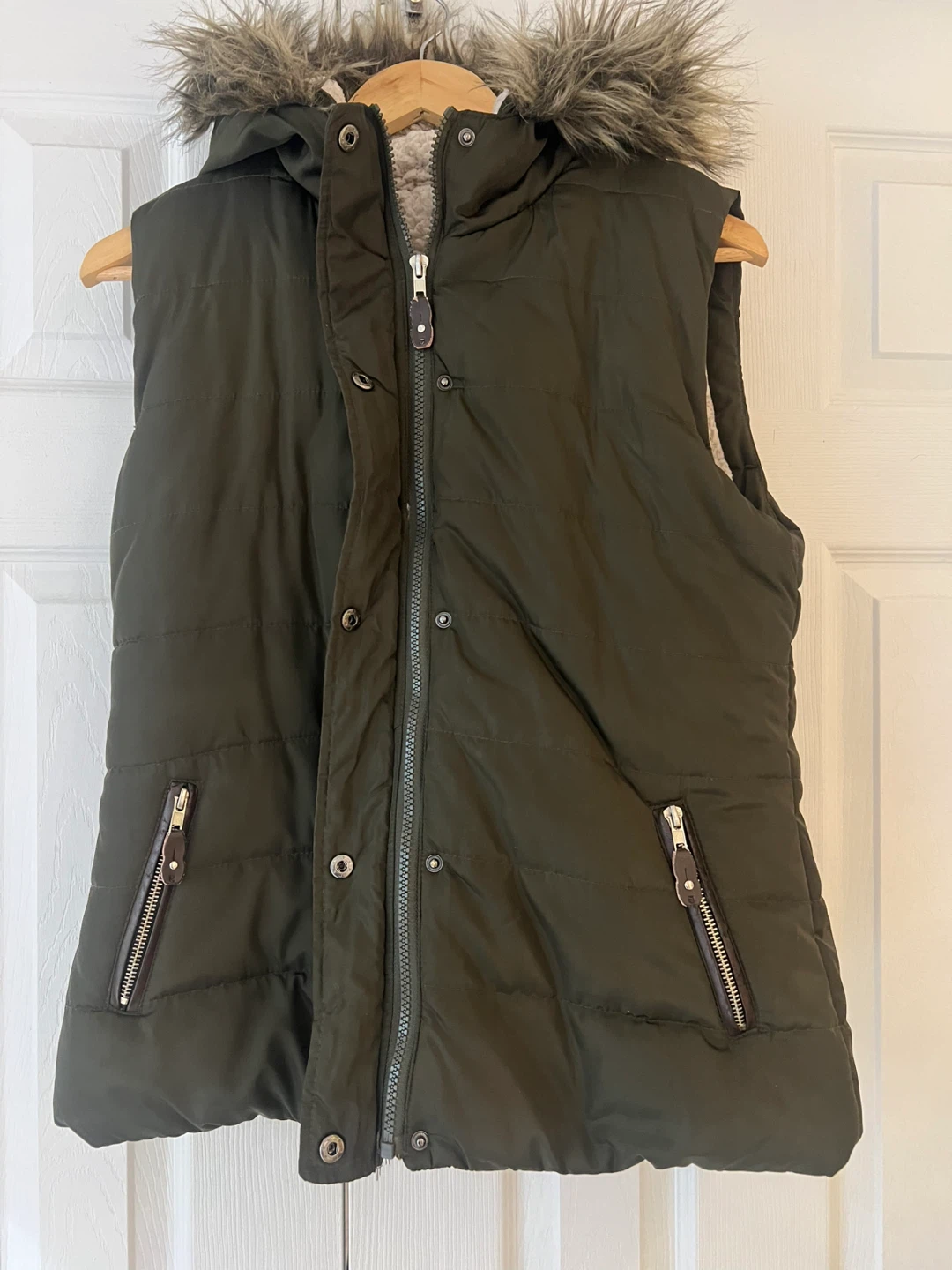 Olive Green Puffer Vest with Faux Fur Hood - photo 3