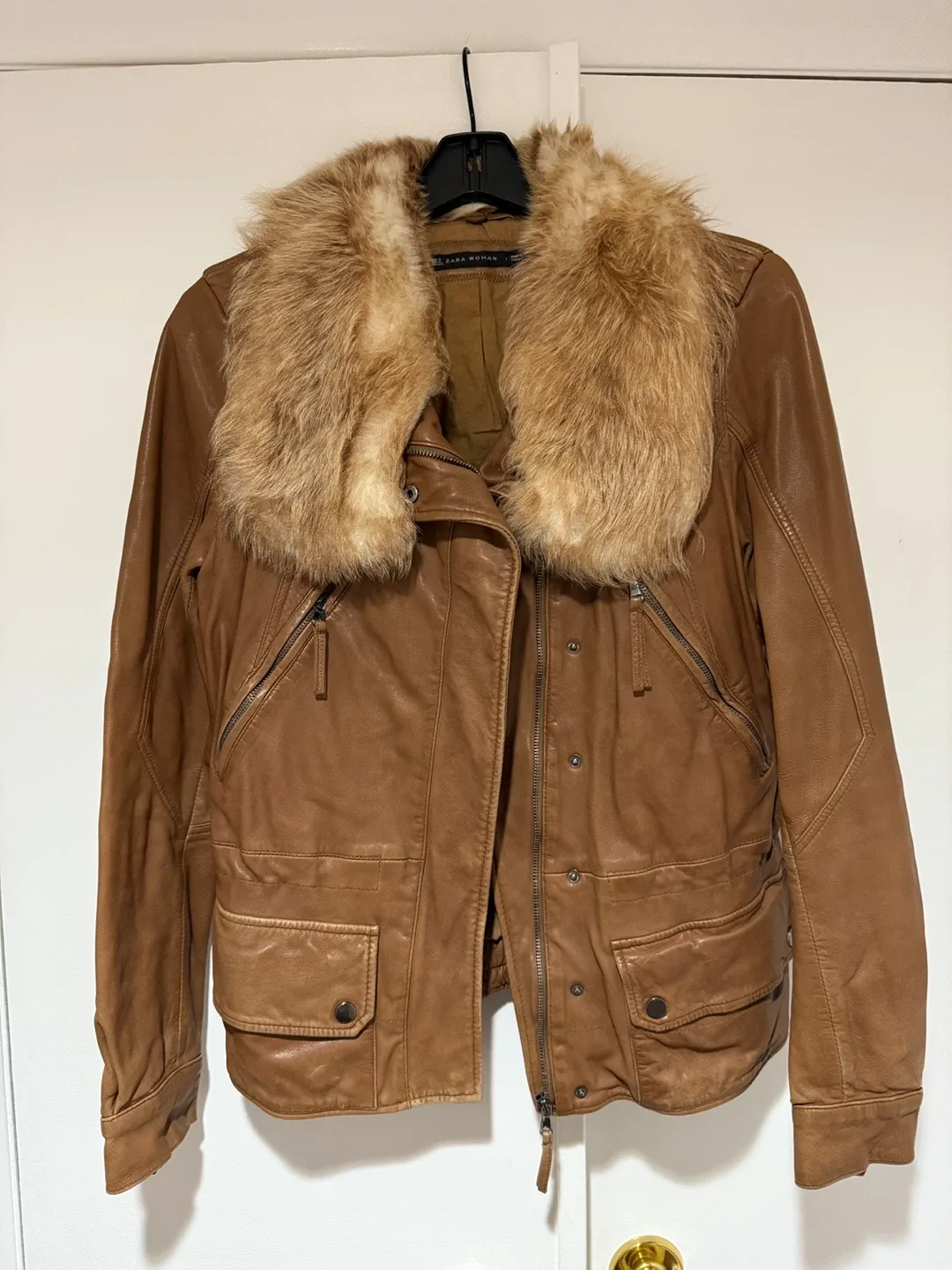 Zara Woman Vintage Camel Leather Jacket with Fur Collar