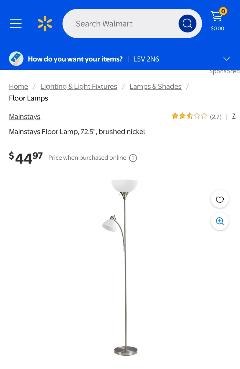 Mainstays Floor Lamp, 72.5", Brushed Nickel