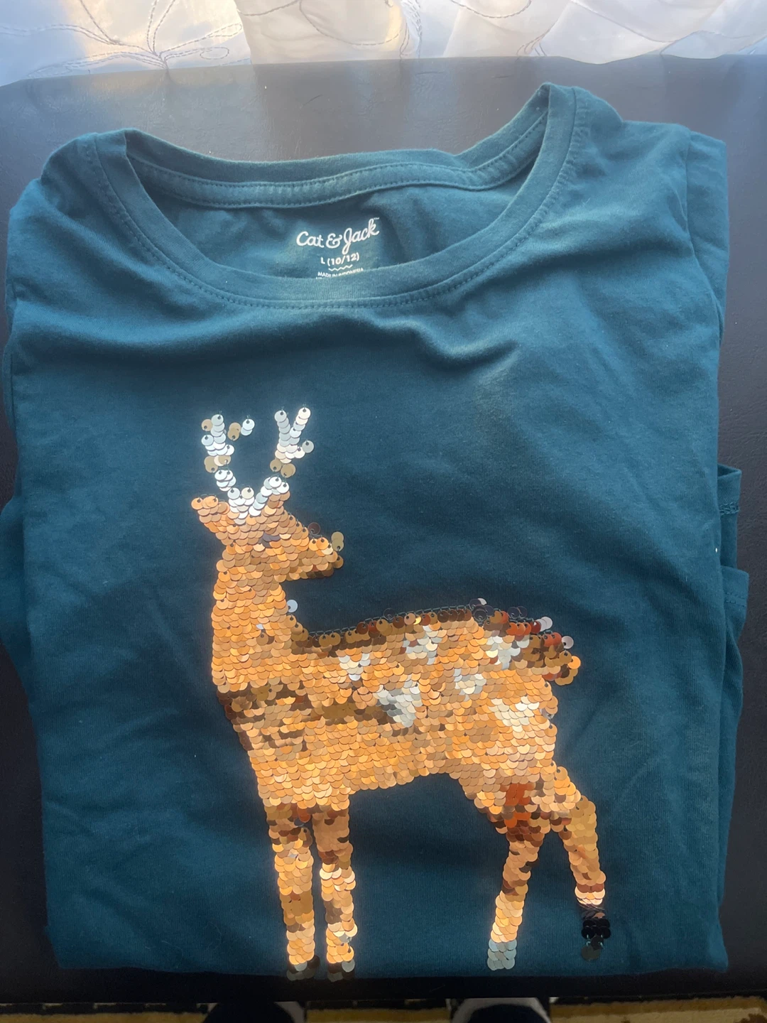 Cat & Jack Girls' L (10/12) Green Sequin Reindeer Shirt