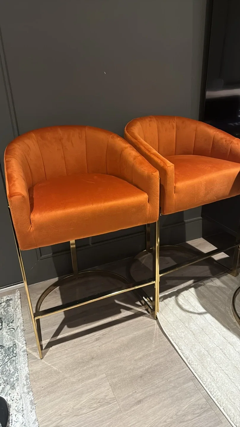 Brand New Gold & Orange Velvet Bar Stools - Set of 2