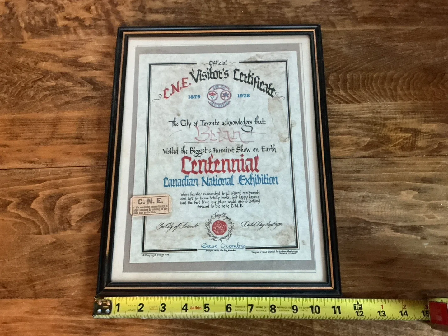Vintage 1978 CNE Visitors Centennial Certificate In Frame !